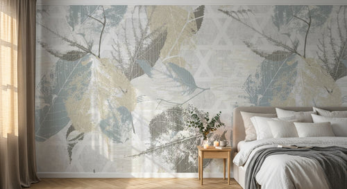 Design SL0257 — Papier peint Feuilles stencil vintage beige bleu gris — Novomur