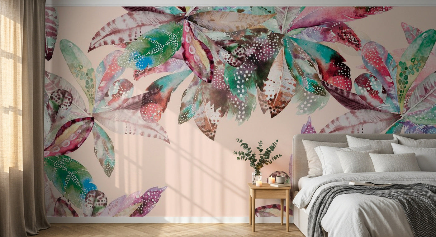 Design SL0262 — Papier peint Feuilles boho aquarelle multicolores fond rose — Novomur