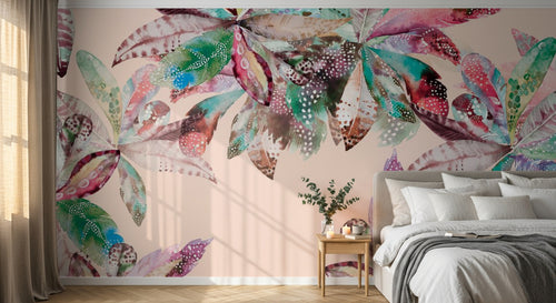 Design SL0262 — Papier peint Feuilles boho aquarelle multicolores fond rose — Novomur