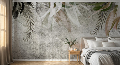 Design SL0278 — Papier peint Feuilles pendantes fond beton vintage — Novomur