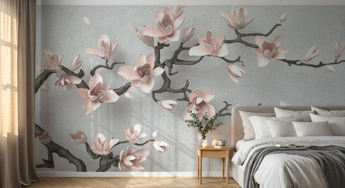 Design SL0283 — Papier peint Magnolia rose pale 3D relief gris — Novomur
