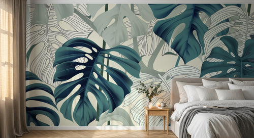 Design SL0297 — Papier peint Monstera turquoise lignes fond creme — Novomur