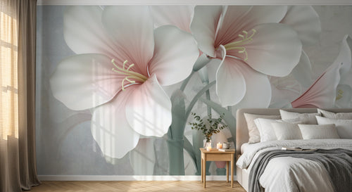 Design SL0298 — Papier peint Amaryllis blanc rose 3D relief gris — Novomur
