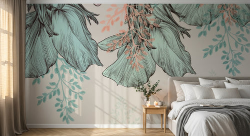 Design SL0299 — Papier peint Fleurs gravure turquoise rose vintage — Novomur