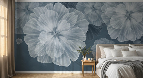 Design SL0300 — Papier peint Grandes fleurs blanches lumineuses bleu sombre — Novomur