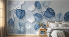Design SL0333 — Papier peint Monstera bleue hexagones fond blanc — Novomur