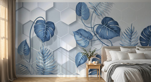 Design SL0333 — Papier peint Monstera bleue hexagones fond blanc — Novomur
