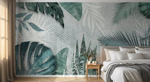 Design SL0334 — Papier peint Feuillage tropical sauge fond chevron — Novomur