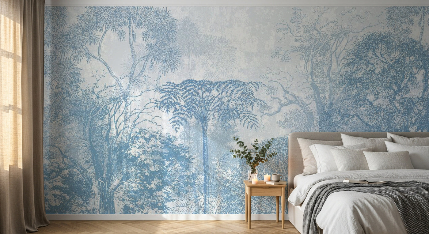 Design SL0339 — Papier peint Foret gravure bleu vintage botanique — Novomur