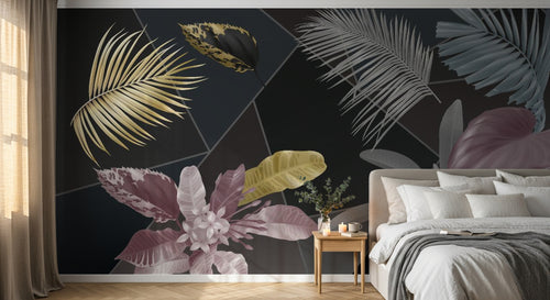 Design SL0341 — Papier peint Feuilles tropicales colorees fond noir geometrique — Novomur