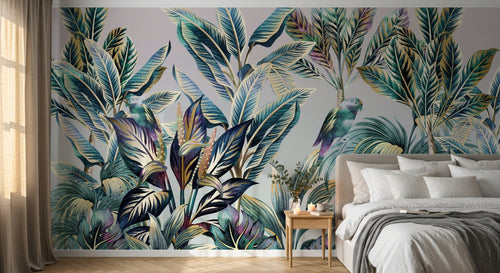 Design SL0344 — Papier peint Jungle multicolore bananiers perroquet rose — Novomur