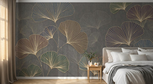 Design SL0351 — Papier peint Ginkgo nervures dorees multicolores gris — Novomur
