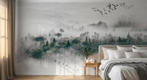 Design SL0356 — Papier peint Foret brumeuse vue aerienne oiseaux — Novomur