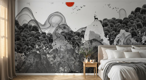 Design SL0359 — Papier peint Paysage encre cerf soleil rouge — Novomur