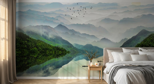 Design SL0364 — Papier peint Vallee chinoise brumeuse lac barques — Novomur