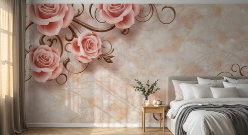 Design SL0371 — Papier peint Roses pales arabesques fond beige damasse — Novomur