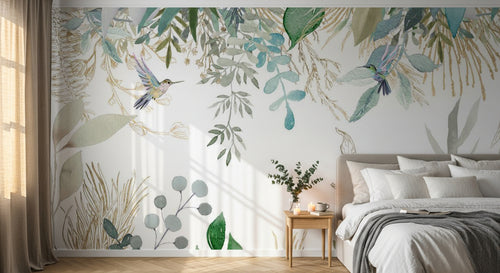 Design SL0373 — Papier peint Branches colibris aquarelle vert blanc — Novomur