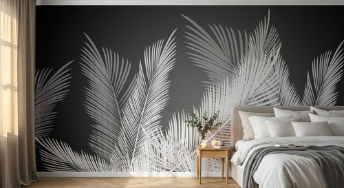 Design SL0386 — Papier peint Palmes blanches fond gris fonce contraste — Novomur