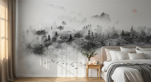 Design SL0388 — Papier peint Foret brumeuse aerienne soleil rose — Novomur