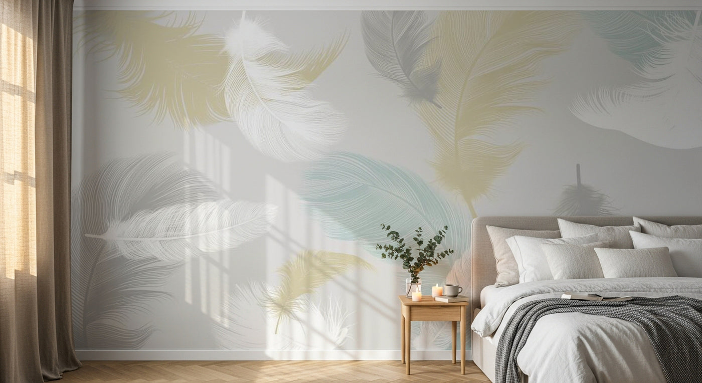 Design SL0398 — Papier peint Plumes multicolores fond gris pale — Novomur
