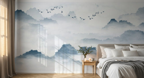 Design SL0418 — Papier peint Paysage encre bleue collines barque — Novomur