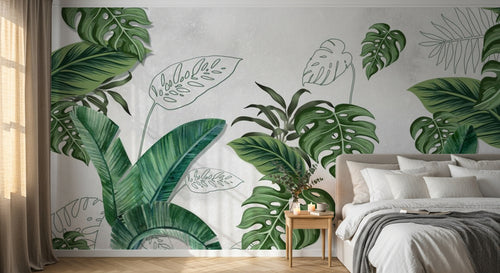 Design SL0442 — Papier peint Monstera palmes vert vif fond beton — Novomur