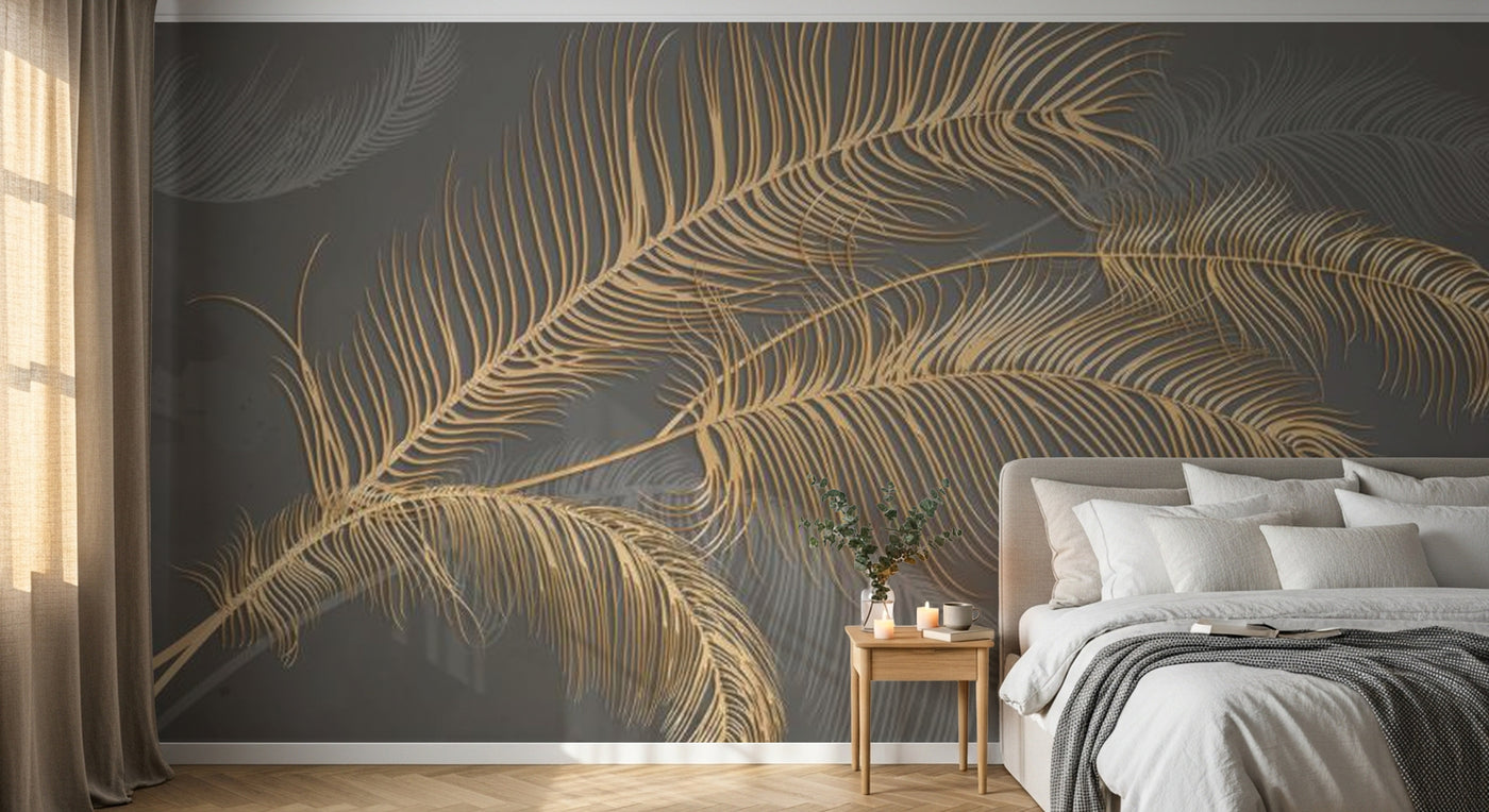 Design SL0446 — Papier peint Plumes palmes dorees fond gris luxe — Novomur