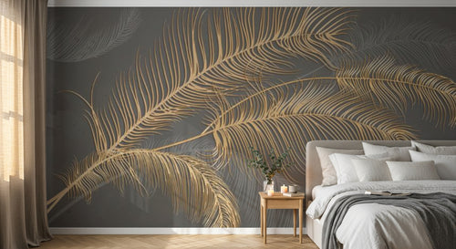Design SL0446 — Papier peint Plumes palmes dorees fond gris luxe — Novomur