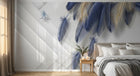 Design SL0447 — Papier peint Plumes bleues dorees triangles fond blanc — Novomur