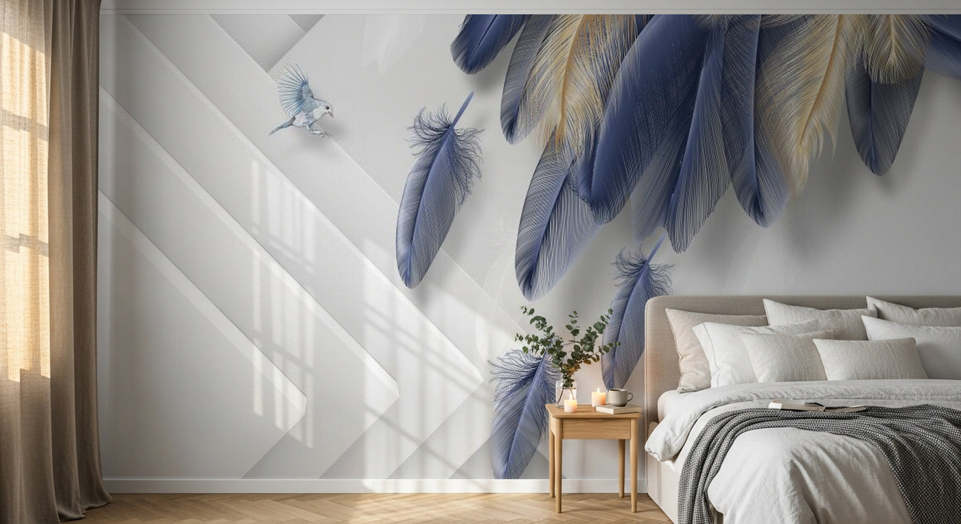 Design SL0447 — Papier peint Plumes bleues dorees triangles fond blanc — Novomur