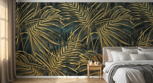 Design SL0455 — Papier peint Palmes dorees fond bleu marine luxe — Novomur