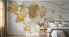 Design SL0477 — Papier peint Ginkgo dore oiseaux fond marbre — Novomur