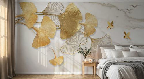 Design SL0477 — Papier peint Ginkgo dore oiseaux fond marbre — Novomur