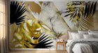 Design SL0481 — Papier peint Feuilles tropicales noir or marbre lignes — Novomur