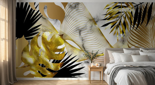 Design SL0481 — Papier peint Feuilles tropicales noir or marbre lignes — Novomur