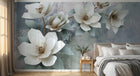 Design SL0487 — Papier peint Magnolias blancs 3D fond gris bleu — Novomur