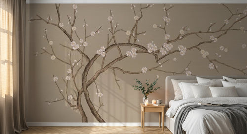 Design SL0493 — Papier peint Cerisier blanc fond beige dore chinoiserie — Novomur