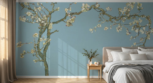 Design SL0498 — Papier peint Amandier fleurs blanches Van Gogh fond bleu — Novomur