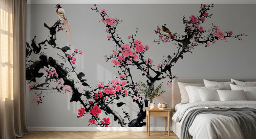 Design SL0501 — Papier peint Prunier rose oiseaux fond gris chinoiserie — Novomur
