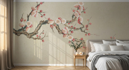 Design SL0503 — Papier peint Prunier rose pale fond beige epure — Novomur