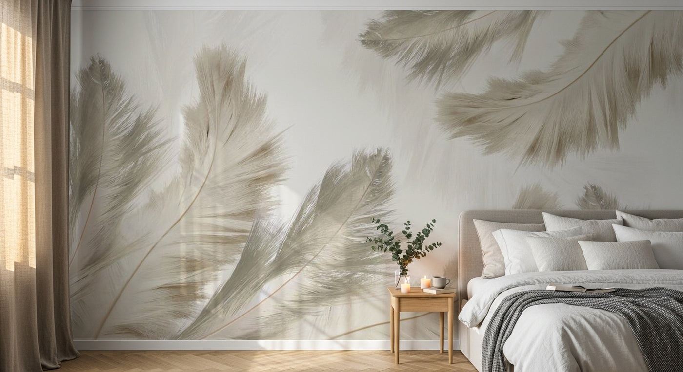 Design SL0547 — Papier peint Plumes beige duveteuses fond blanc — Novomur