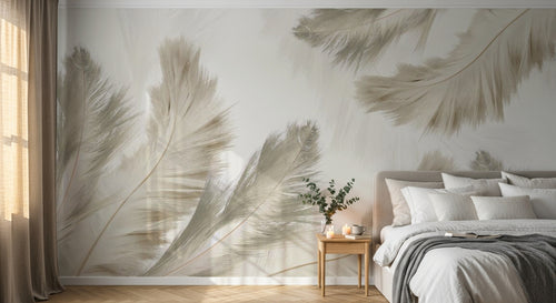 Design SL0547 — Papier peint Plumes beige duveteuses fond blanc — Novomur