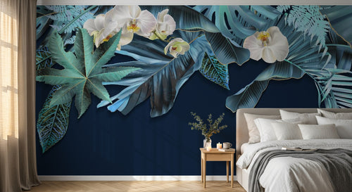 Design SL0610 — Papier peint Palmes monstera bleues orchidees fond marine — Novomur