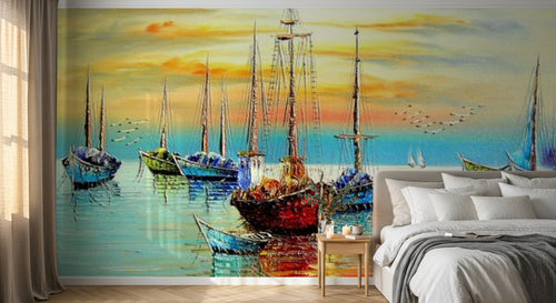 Design SL0622 — Papier peint Voiliers mer coucher soleil peinture — Novomur