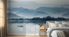 Design SL0628 — Papier peint Paysage encre bleue pastel lac barque — Novomur