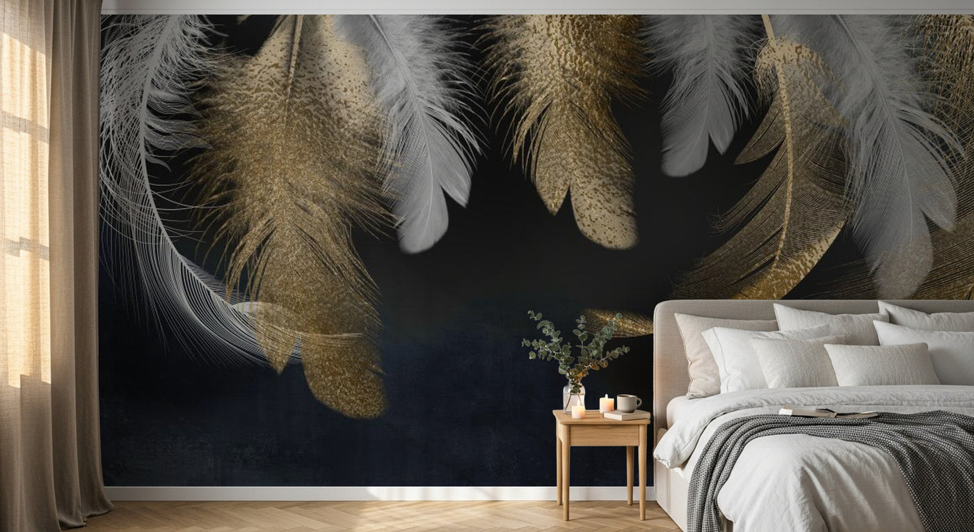 Design SL0630 — Papier peint Plumes blanches dorees fond bleu marine — Novomur