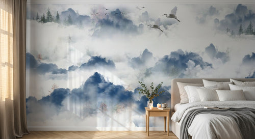 Design SL0635 — Papier peint Nuages montagnes grues paysage chinois — Novomur