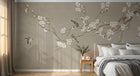 Design SL0660 — Papier peint Cerisier blanc oiseaux fond beige montagnes — Novomur