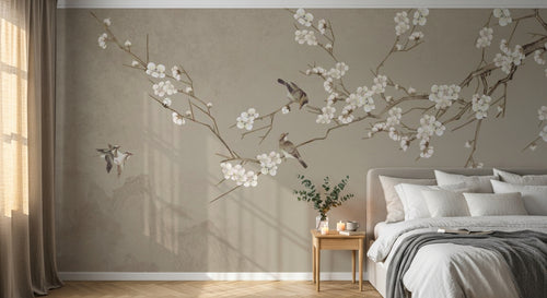 Design SL0660 — Papier peint Cerisier blanc oiseaux fond beige montagnes — Novomur