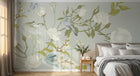 Design SL0663 — Papier peint Roses blanches branches oiseaux gris vert — Novomur